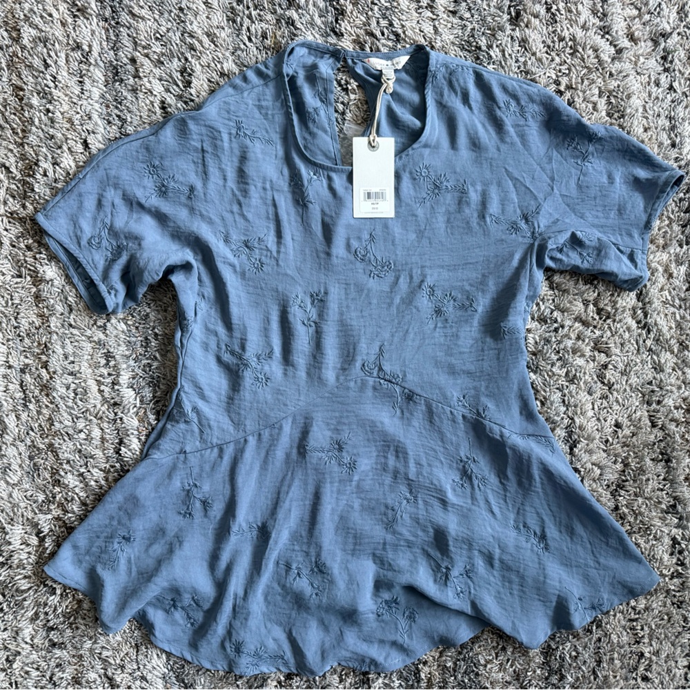 NWT Lucky Brand Blue Floral Embroidered Boho Shift Dress XS Short Sleeve